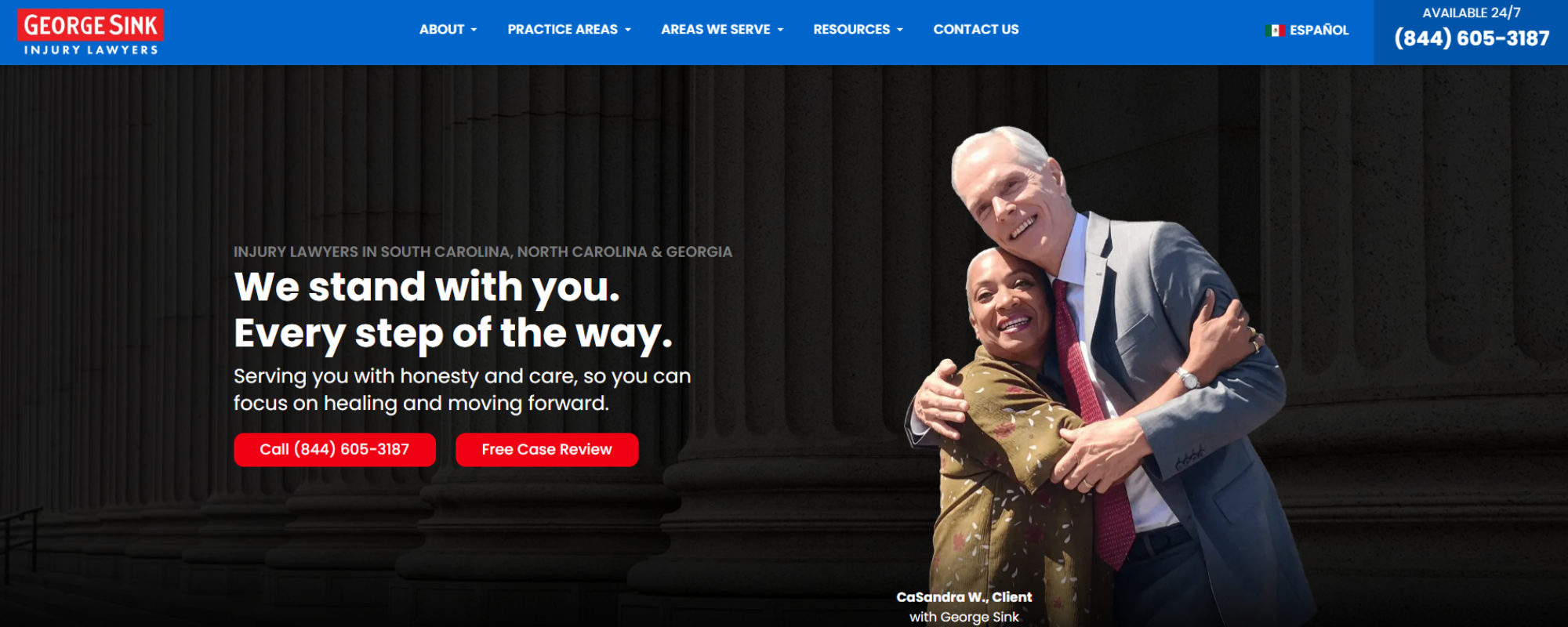 Best South Carolina Car Accident Law Firms, George Sink official web hugging a client