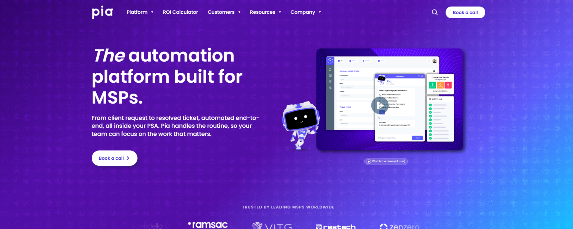 Top Providers of AI Automation Services for Managed Services, Pia AI website