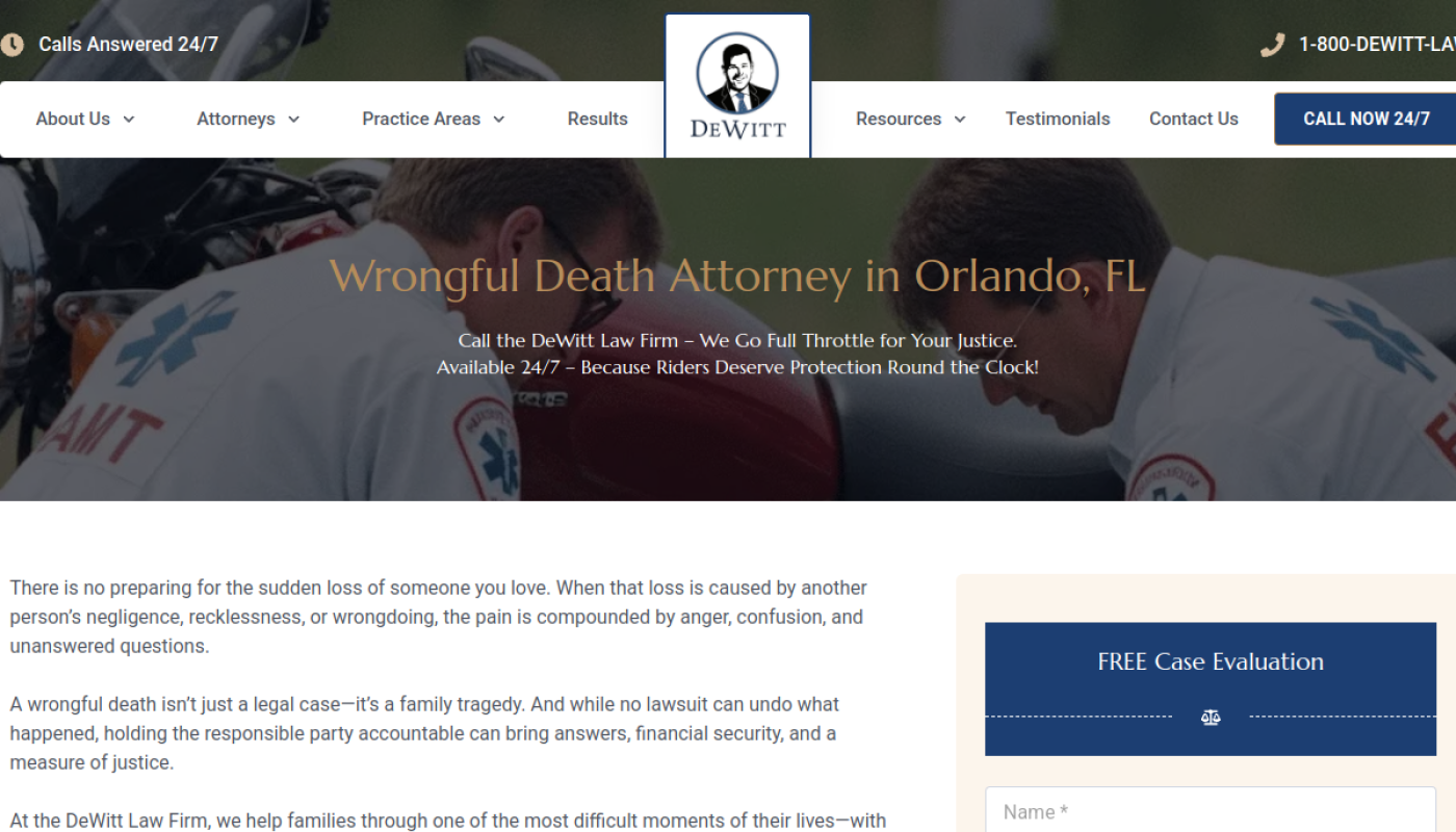The DeWitt Law Firm Orlando wrongful death attorney page, Florida wrongful death law firms