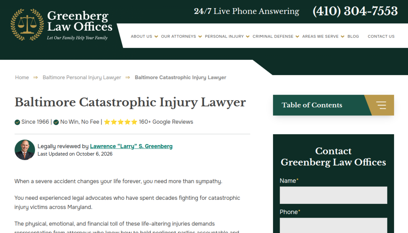 Página de lesiones catastróficas en Baltimore de Greenberg Law Offices