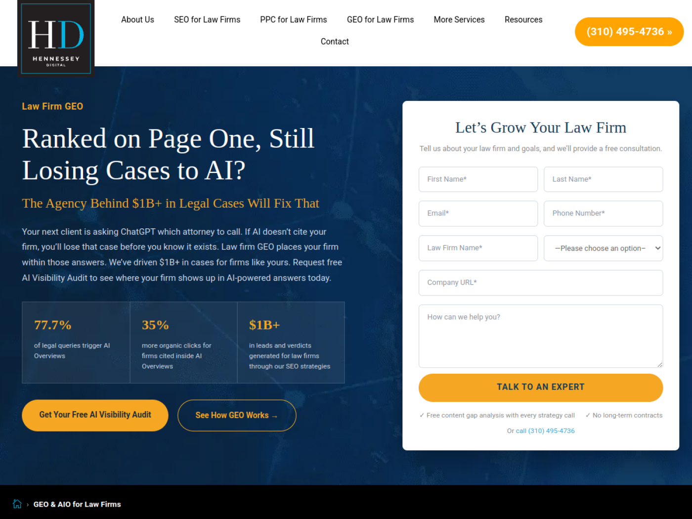 Hennessey Digital GEO and AIO for law firms page, ChatGPT visibility agency