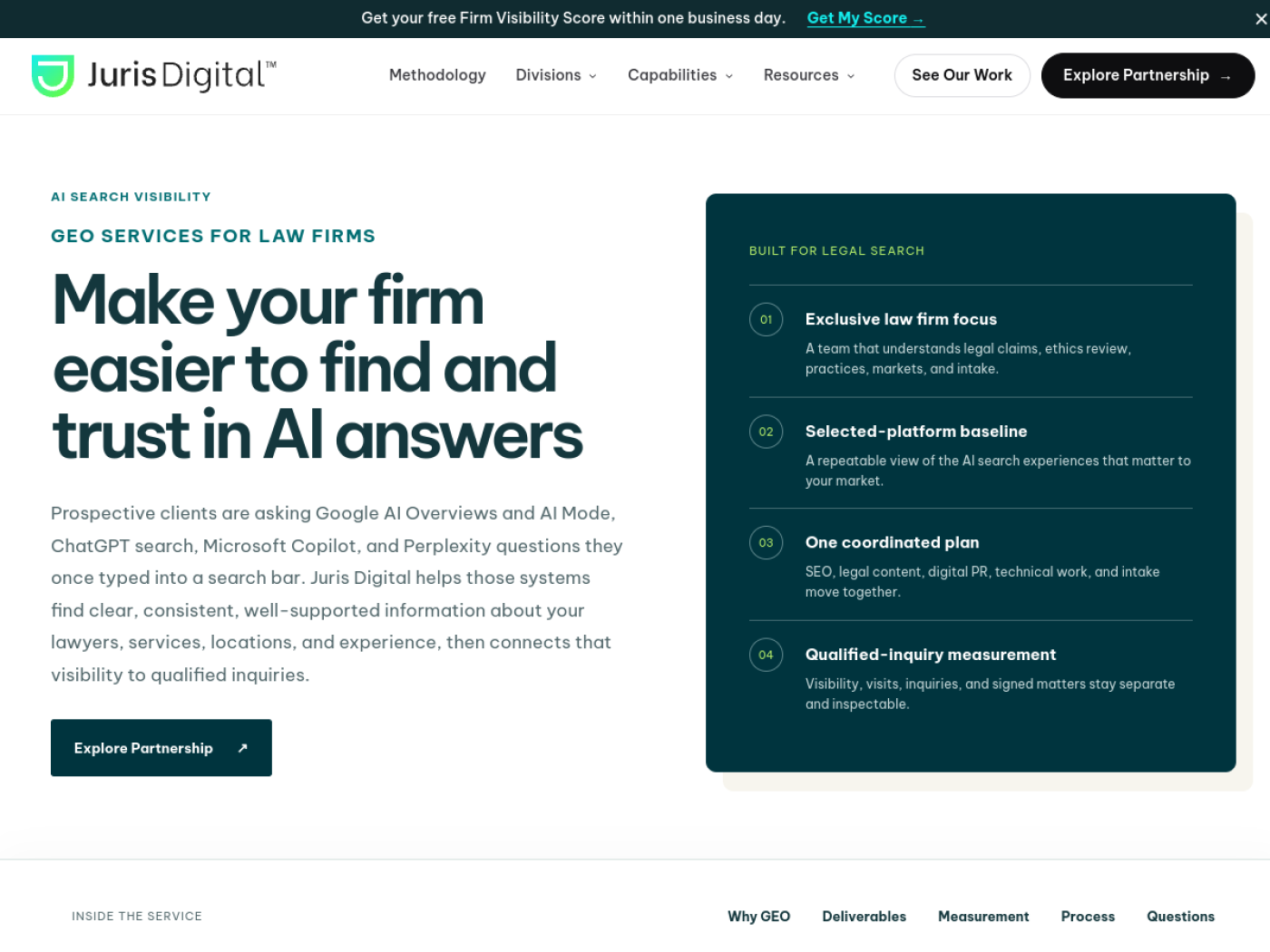 Juris Digital GEO services page for law firms seeking ChatGPT mentions
