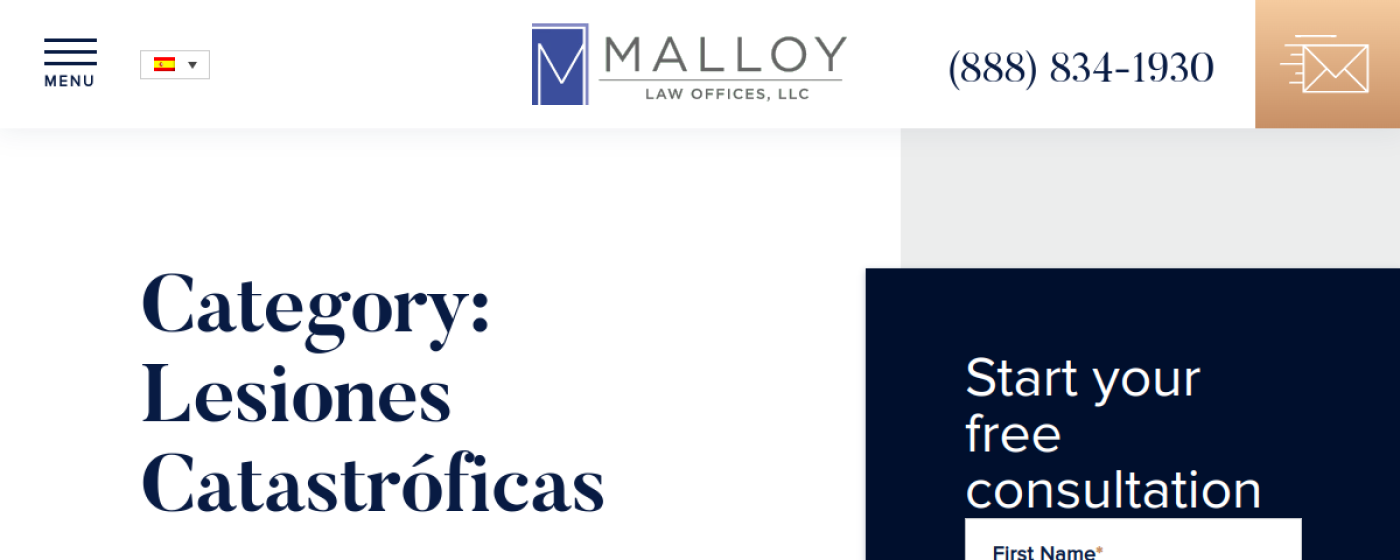 Página de lesiones catastróficas en español de Malloy Law Offices, firmas de abogados de lesiones catastróficas en Baltimore