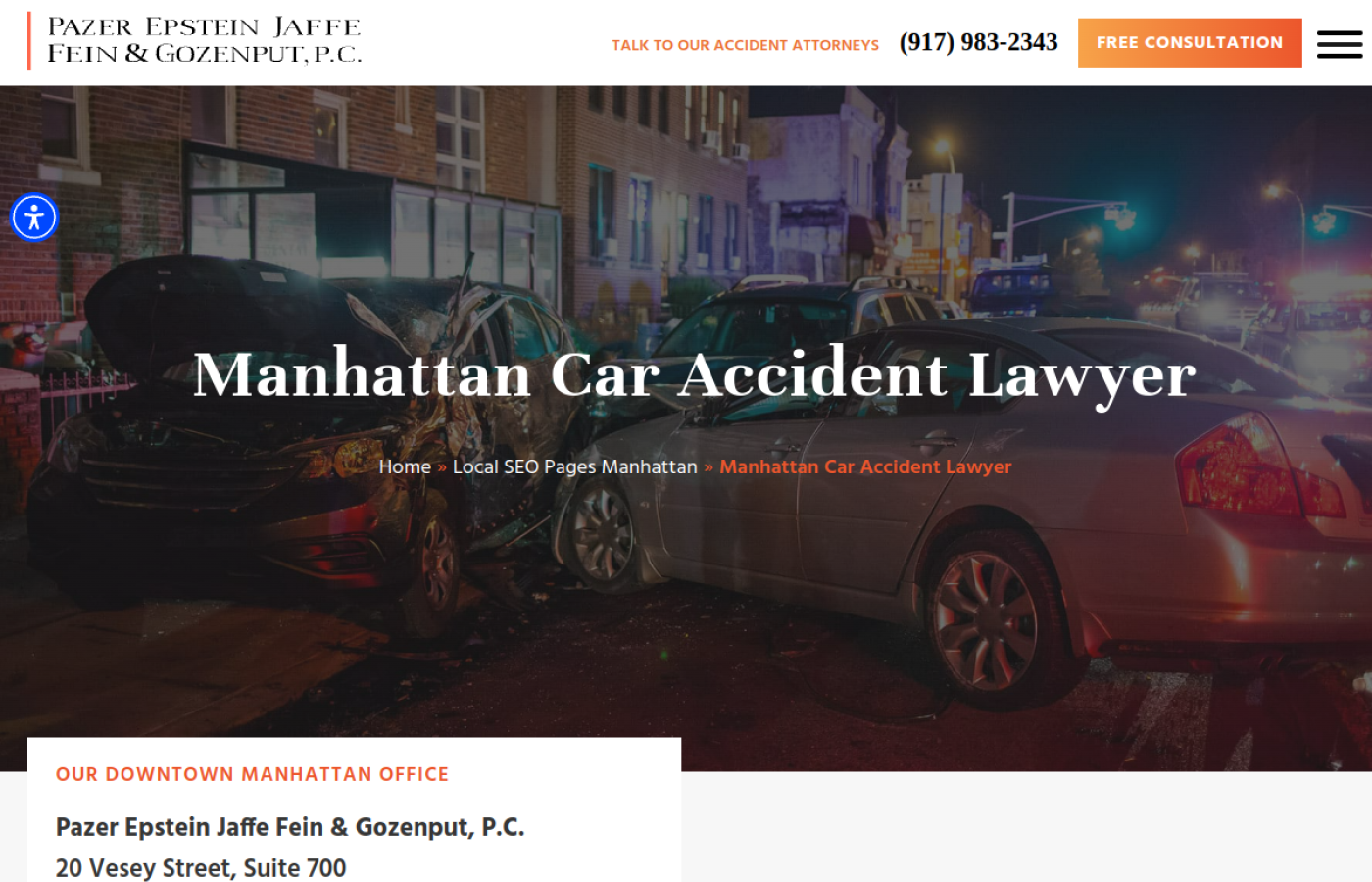 Pazer Epstein Jaffe Fein & Gozenput Manhattan car accident lawyer page, NYC car accident serious injury