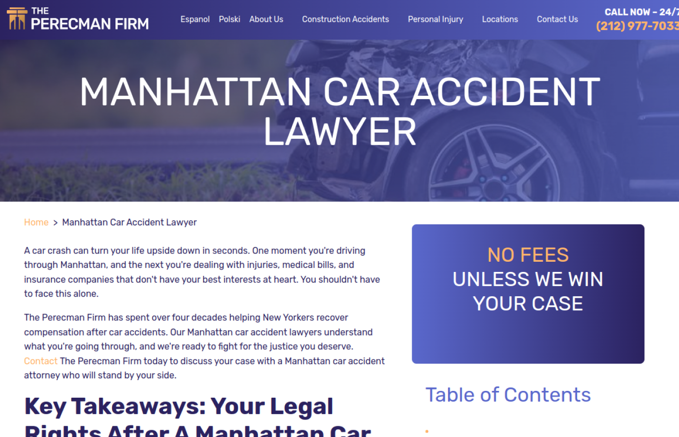 The Perecman Firm Manhattan car accident lawyer page, NYC car accident serious injury