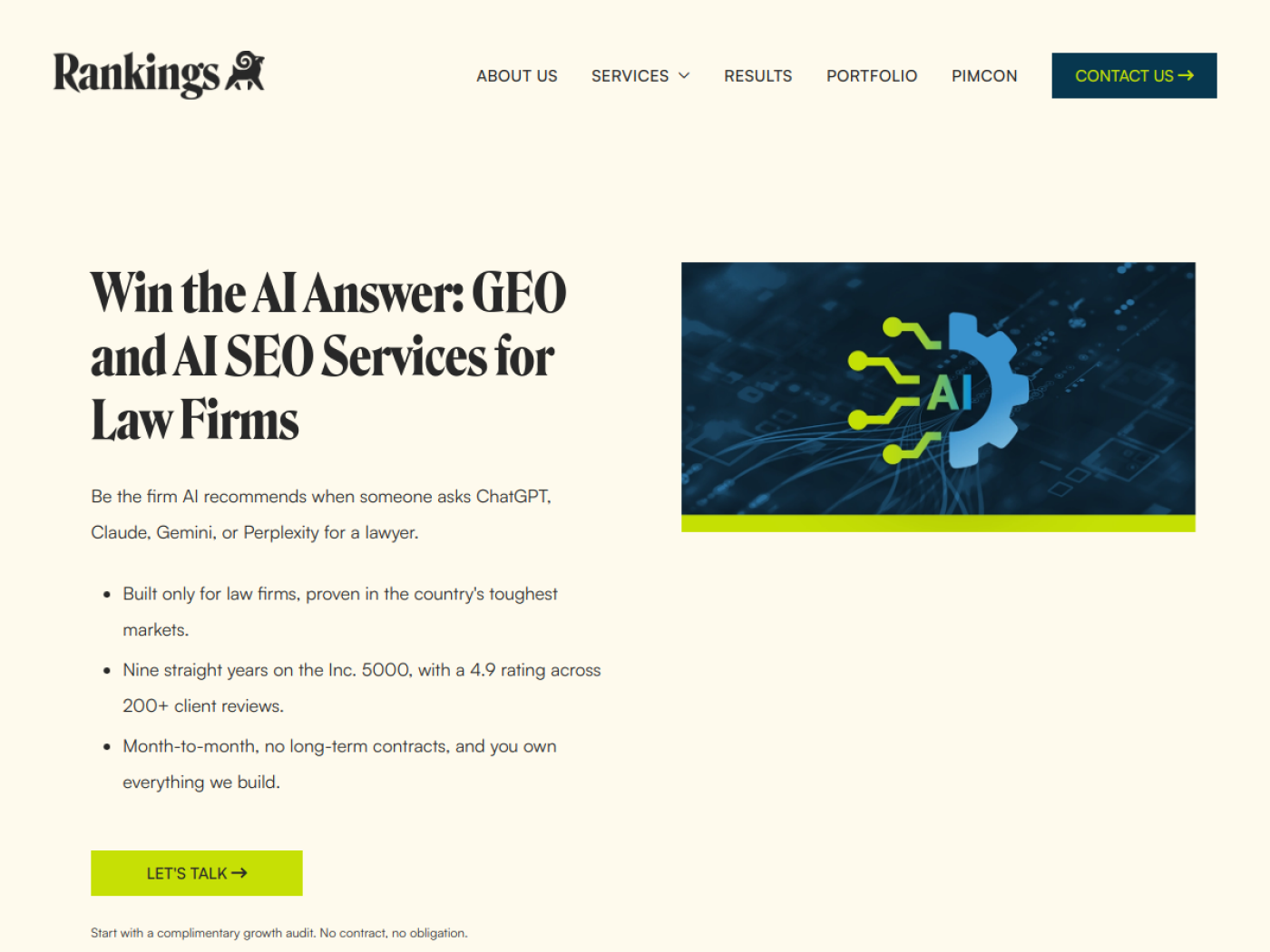 Rankings.io GEO and AI SEO services page for law firms, Google AI Overviews agency