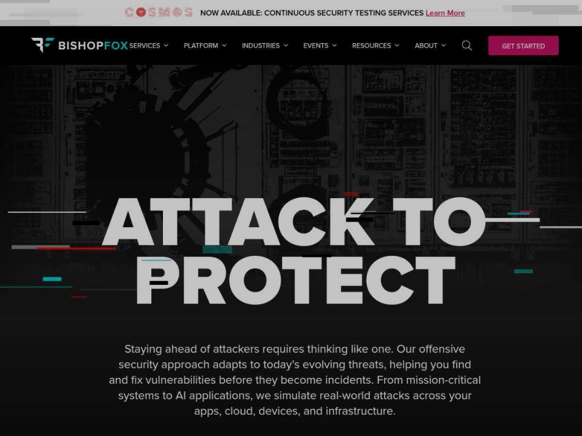 Bishop Fox homepage showing its offensive security approach