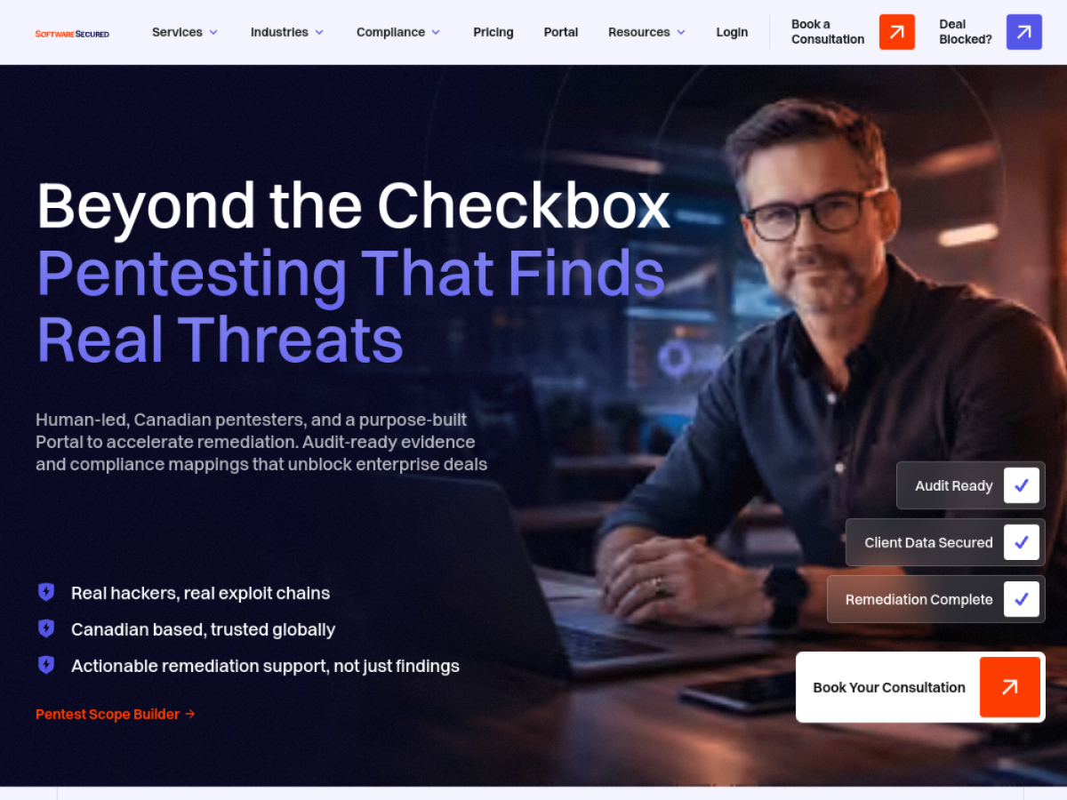 Software Secured homepage showing its pentesting service