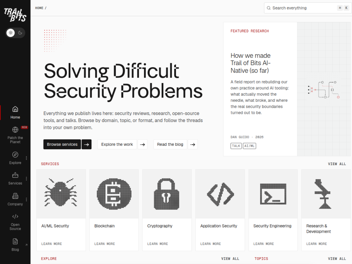 Trail of Bits homepage showing its security service lines